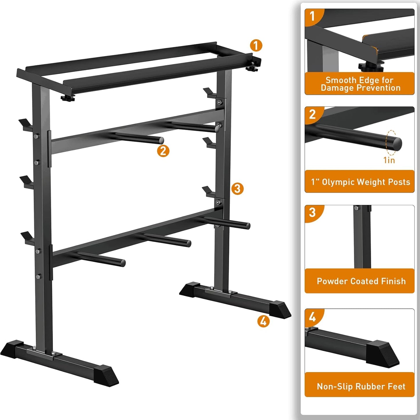Design features diagram of UBOWAY Compact Dumbbell & Barbell Rack.