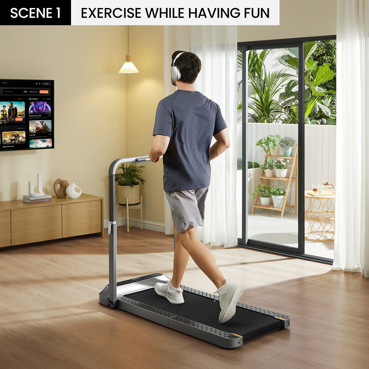 Jogging session with handrail upright in runner mode
