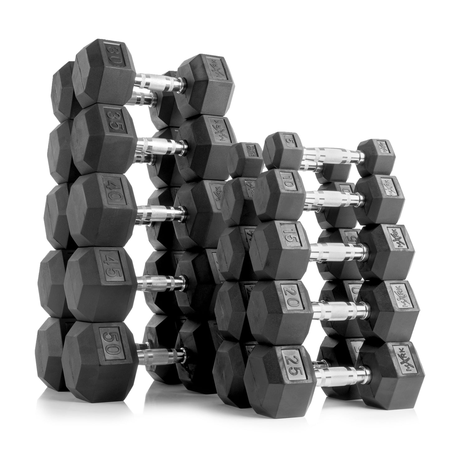 XMark 550 lb rubber hex dumbbell set with 10 pairs from 5-50 lbs