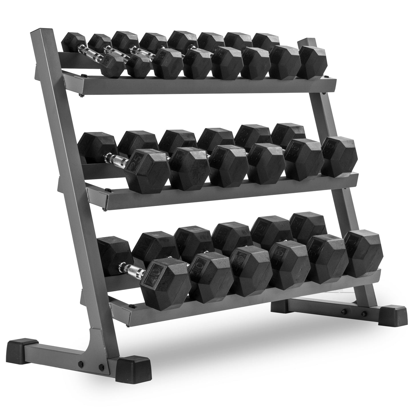 XMark 550 lb rubber hex dumbbell set with 3-tier rack