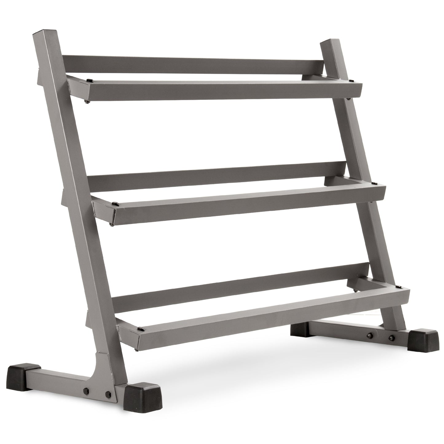 Angled shelves of 3-tier dumbbell rack with full weight set