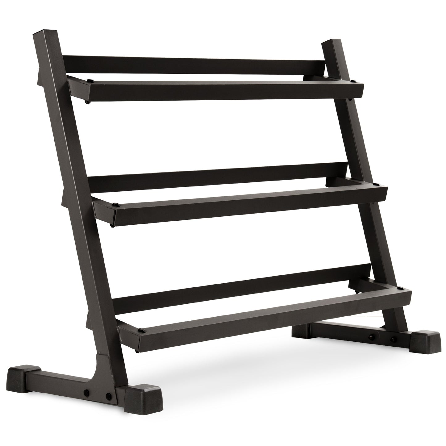 Angled shelves of 3-tier dumbbell rack with full weight set
