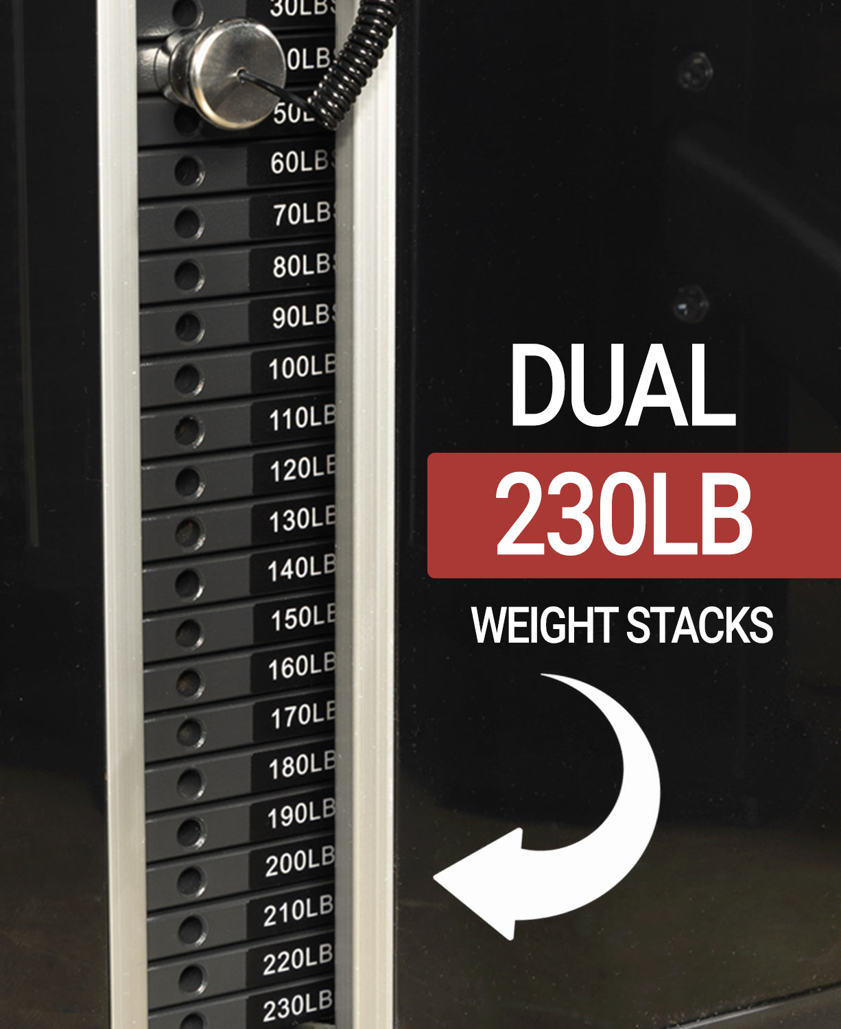 Dual 230 lb weight stacks of FT-9040 close-up