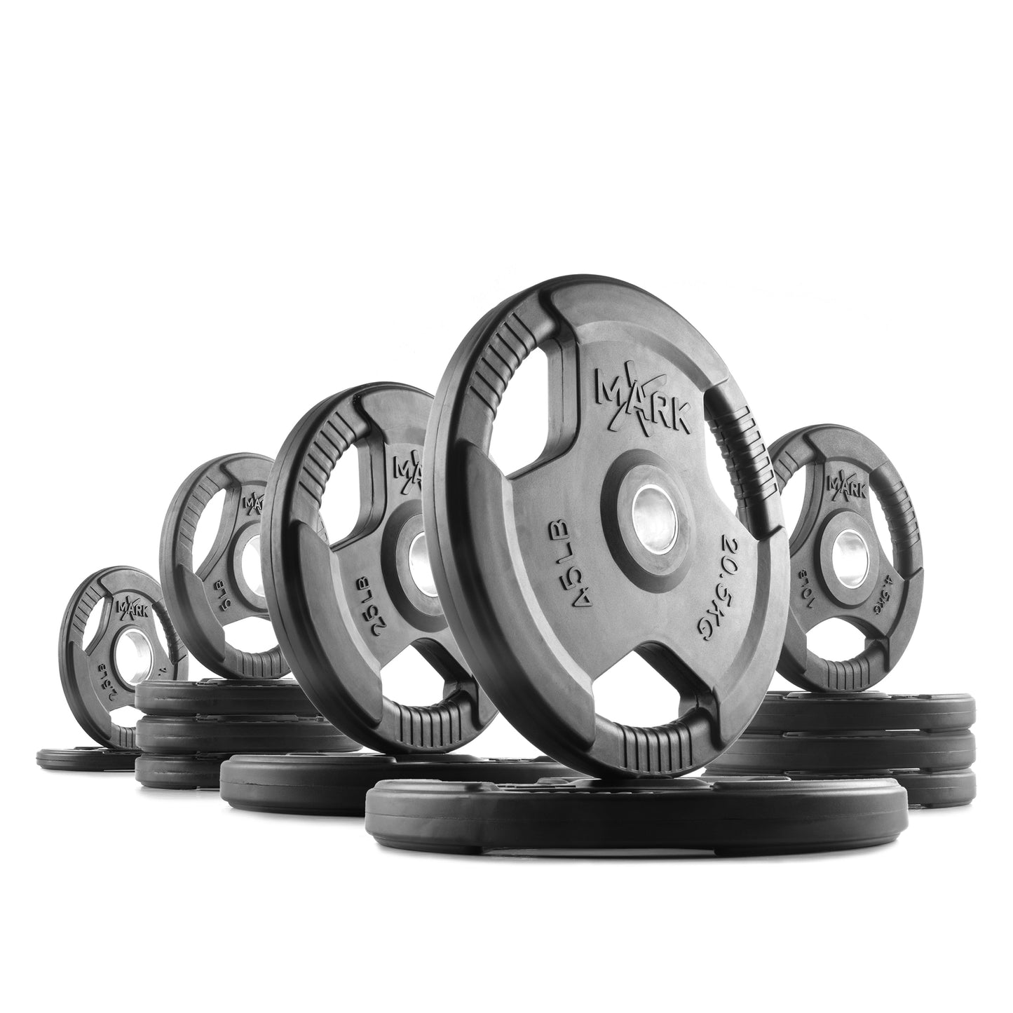 205 lb set of XMark Tri‑Grip Olympic weight plates