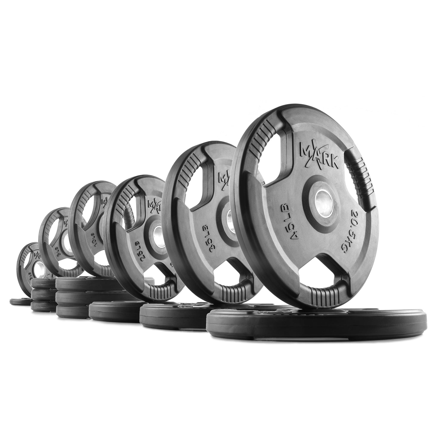 275 lb set of XMark Tri‑Grip Olympic weight plates