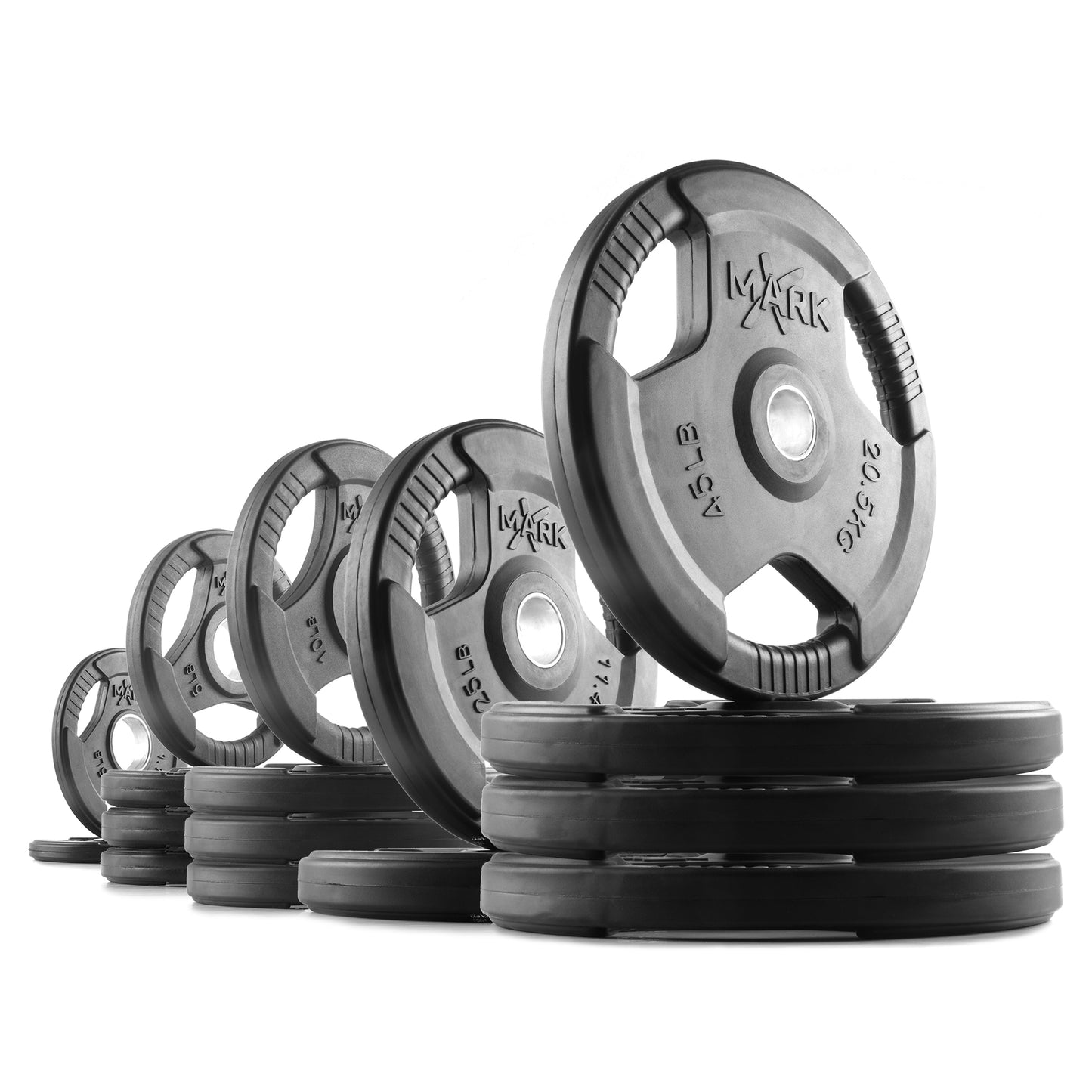 295 lb set of XMark Tri‑Grip Olympic weight plates