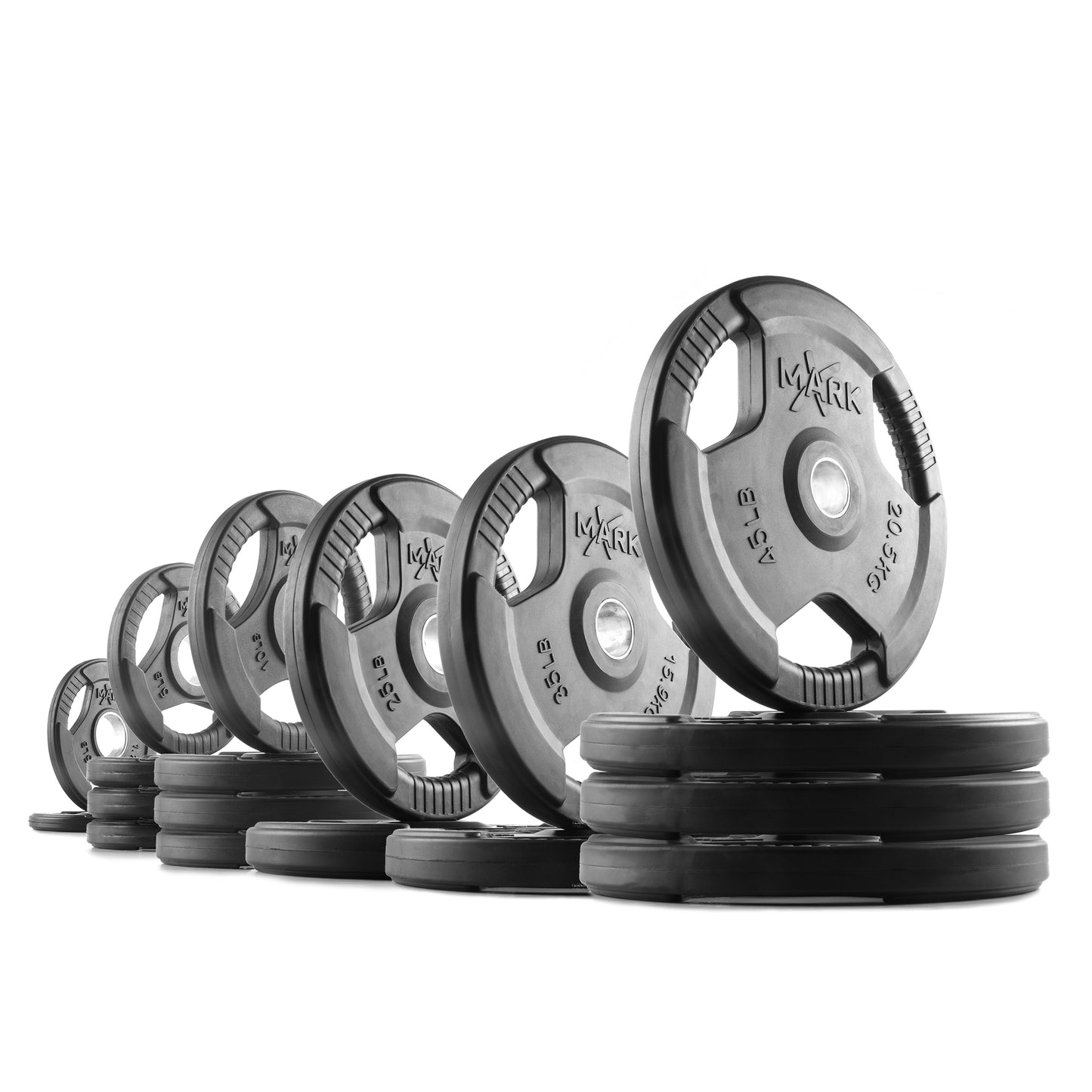 365 lb set of XMark Tri‑Grip Olympic weight plates