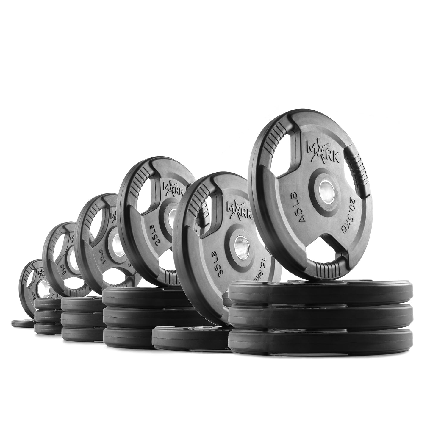 415 lb set of XMark Tri‑Grip Olympic weight plates