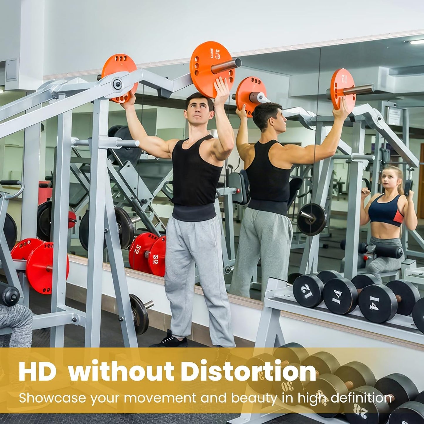Frameless Yarnuwa fitness mirror reflecting full-body workout in modern home gym