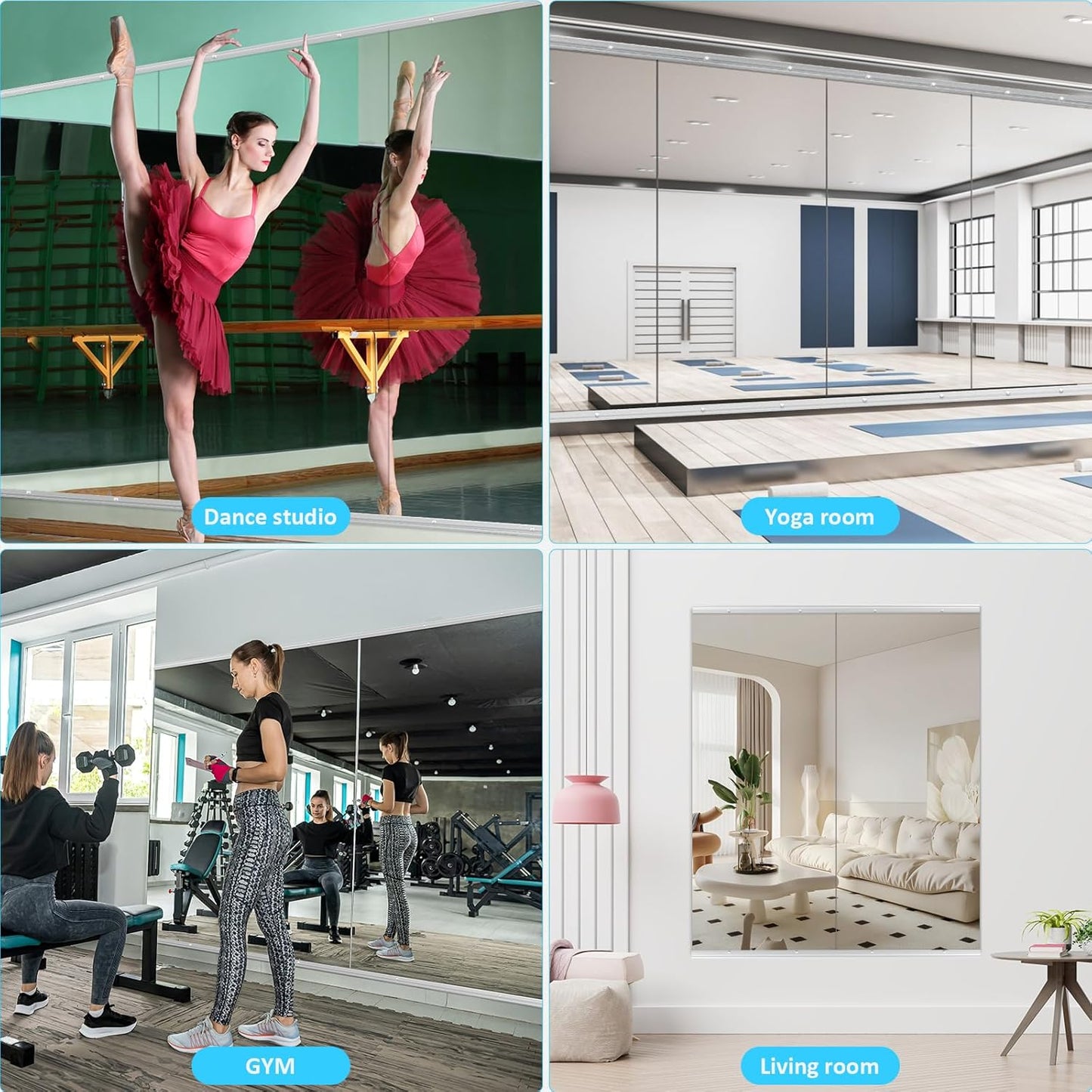 Collage image showing the Yarnuwa frameless full-length mirror in a home gym, bedroom, hallway, and dance studio for versatile use