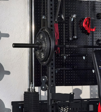 Customize your workout with the attachments and cable system with the Major Fitness F35 Pro All-In-One Home Gym Wall-Mount Folding Power Rack
