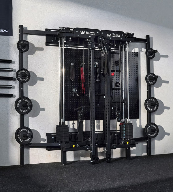 Save space while still getting a full home gym with the Major Fitness F35 Pro All-In-One Home Gym Wall-Mount Folding Power Rack