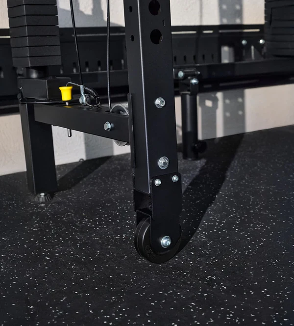 Easily swivel for space saving storage with the Major Fitness F35 Pro All-In-One Home Gym Wall-Mount Folding Power Rack