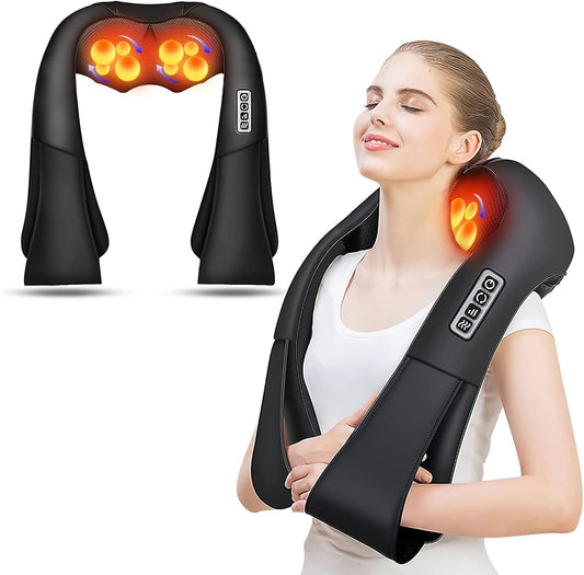 User relaxing with AERLANG Black Neck & Back Massager on shoulders