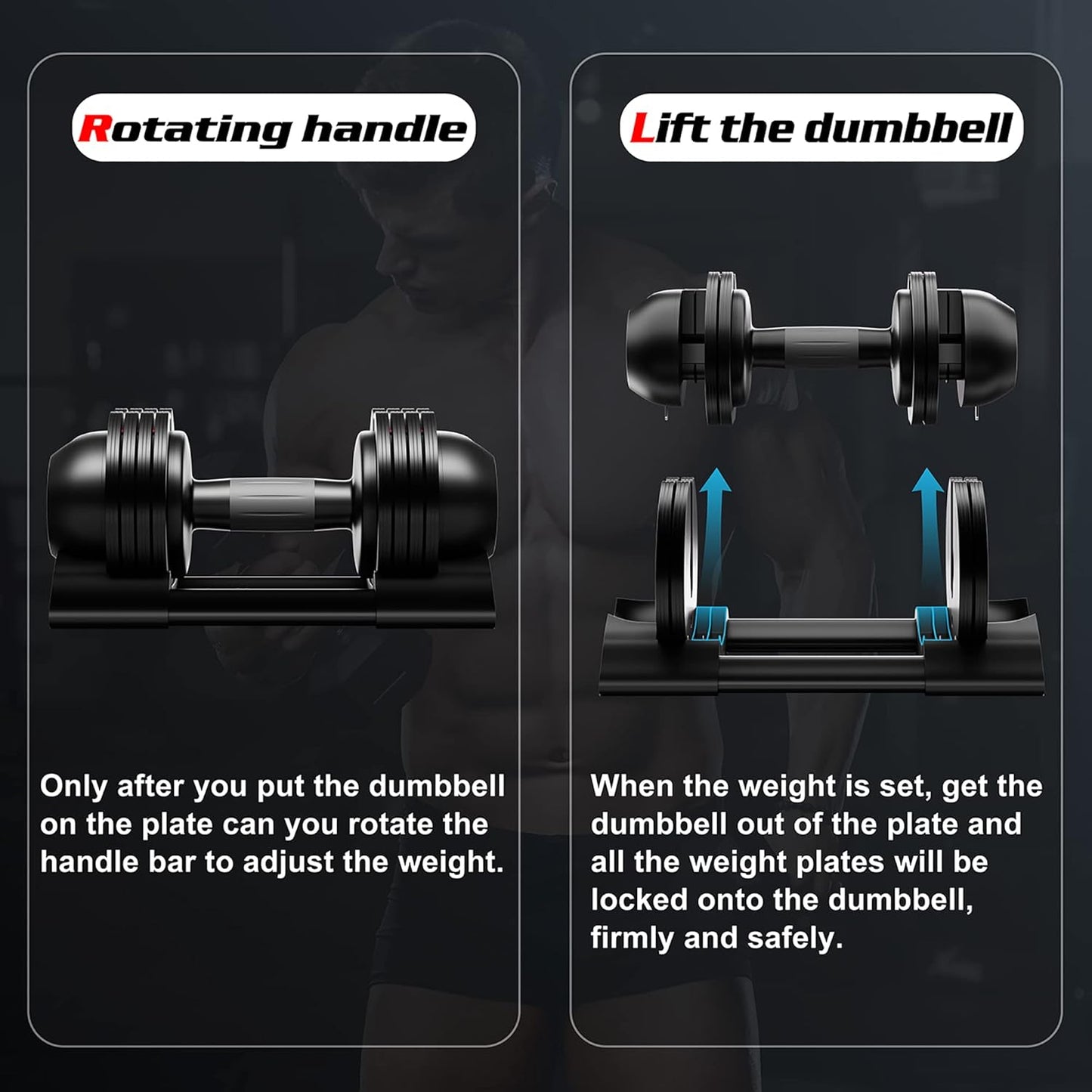 Close-up of ALTLER dumbbell rotating handle mechanism for quick and smooth weight adjustment