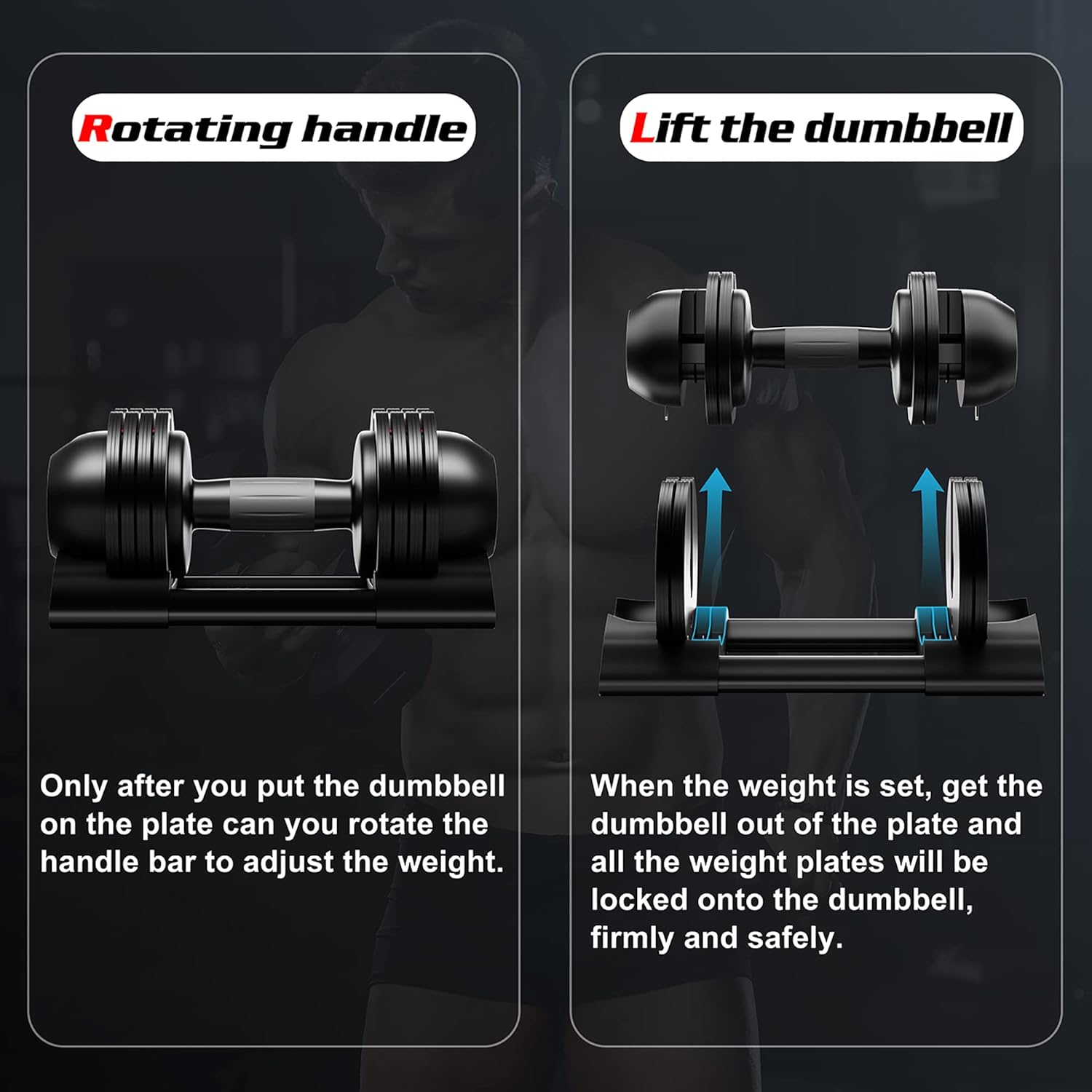 Close-up of ALTLER dumbbell rotating handle mechanism for quick and smooth weight adjustment