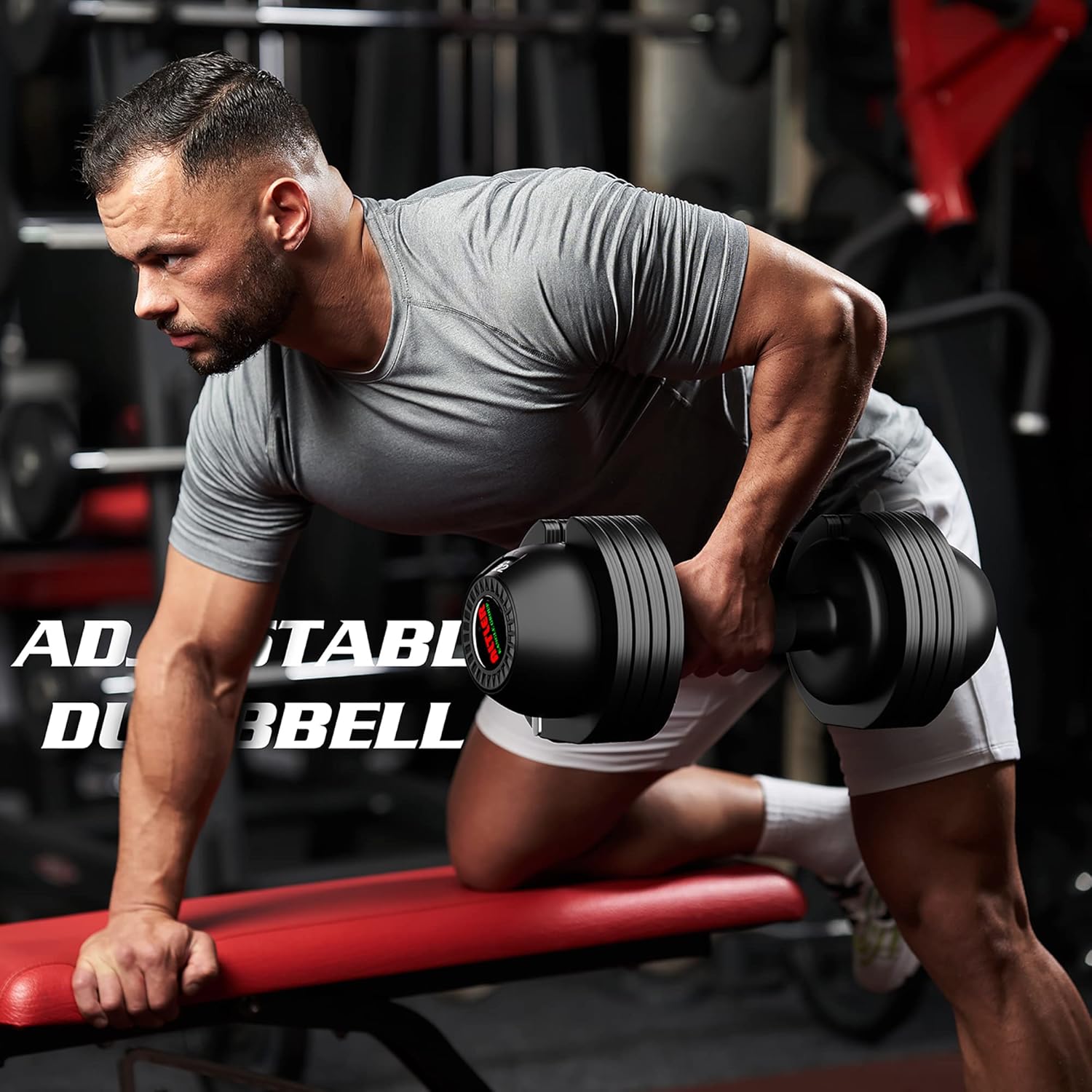 Person working out with ALTLER 52lb dumbbell pair in a home gym setting