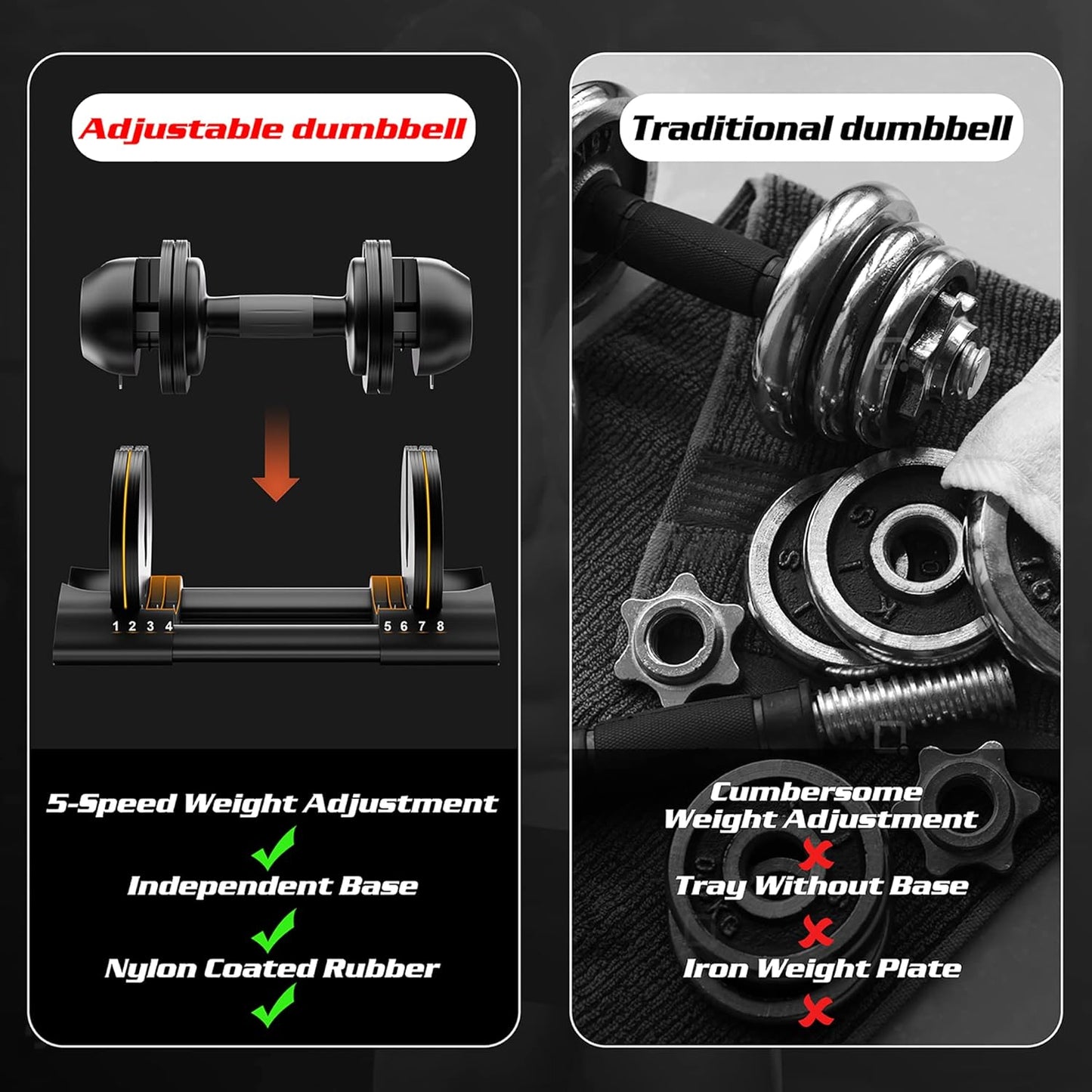 Comparison of ALTLER dumbbell pair with a full rack of fixed dumbbells