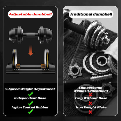 Comparison of ALTLER dumbbell pair with a full rack of fixed dumbbells