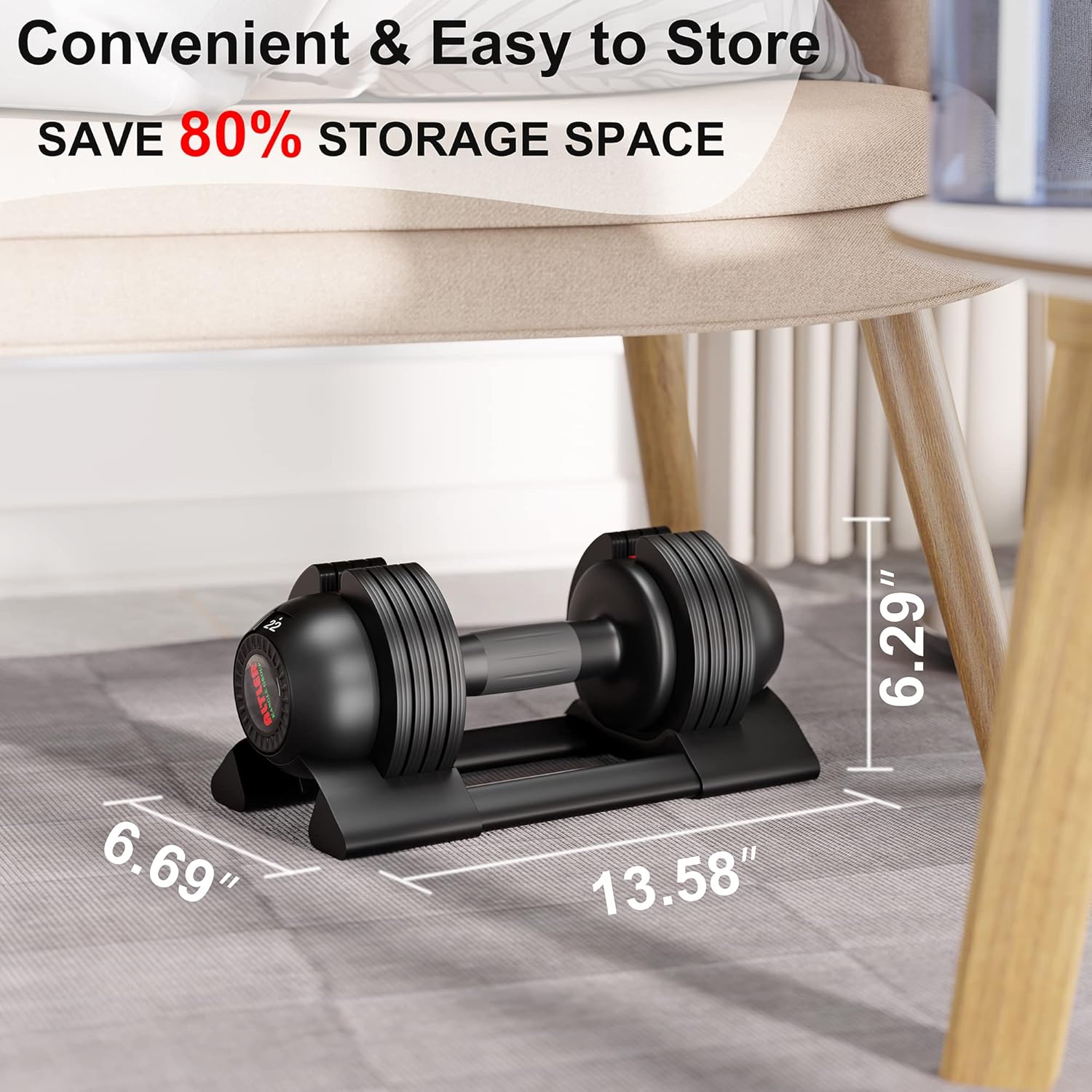 ALTLER dumbbell pair stored neatly in trays for compact storage