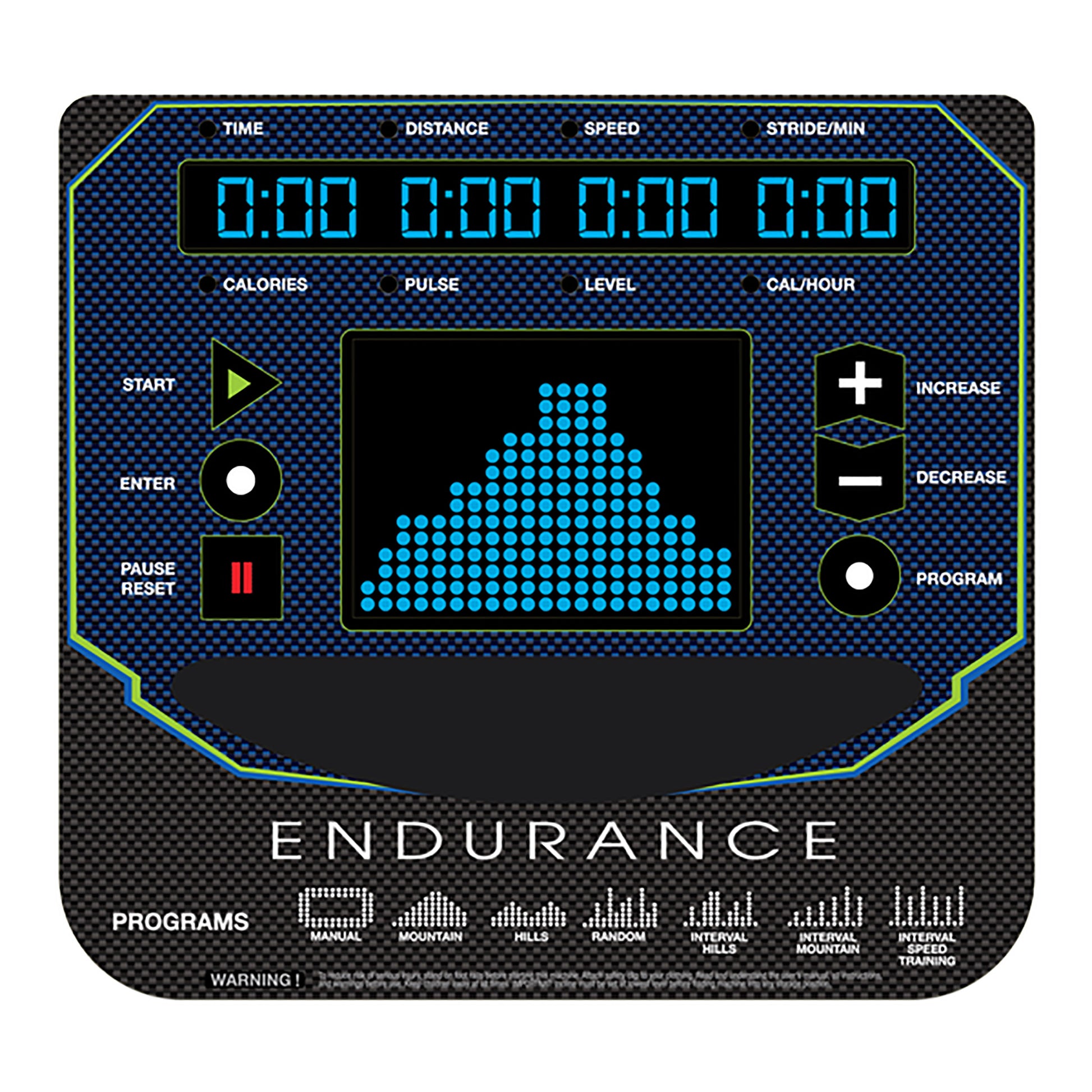 Close-up of LED console on E5000 elliptical with time, speed, heart rate, and calorie tracking