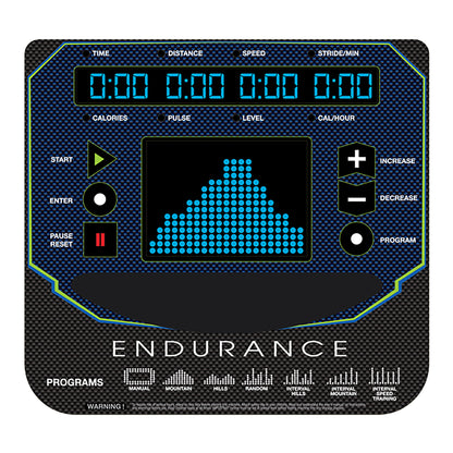 Close-up of LED console on E5000 elliptical with time, speed, heart rate, and calorie tracking