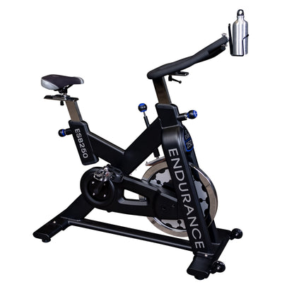 Side view of the Endurance by Body-Solid ESB250 Spin Bike showing flywheel and frame