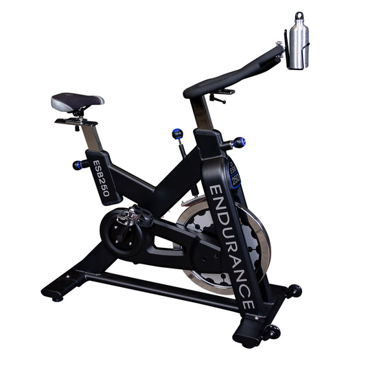 Side view of the Endurance by Body-Solid ESB250 Spin Bike showing flywheel and frame