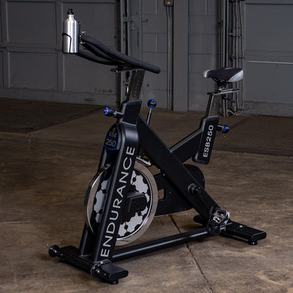 Side view of the Endurance by Body-Solid ESB250 Spin Bike showing flywheel and frame