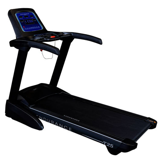 Main view of the Body-Solid Endurance T25 Folding Treadmill showing compact design and running deck.