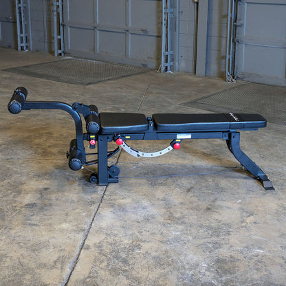 Side profile of GLEG FID bench with steel frame and padded backrest