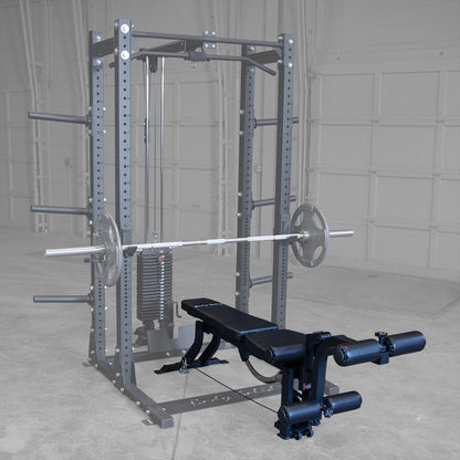 Body-Solid GLEG bench used inside a power rack for barbell bench press