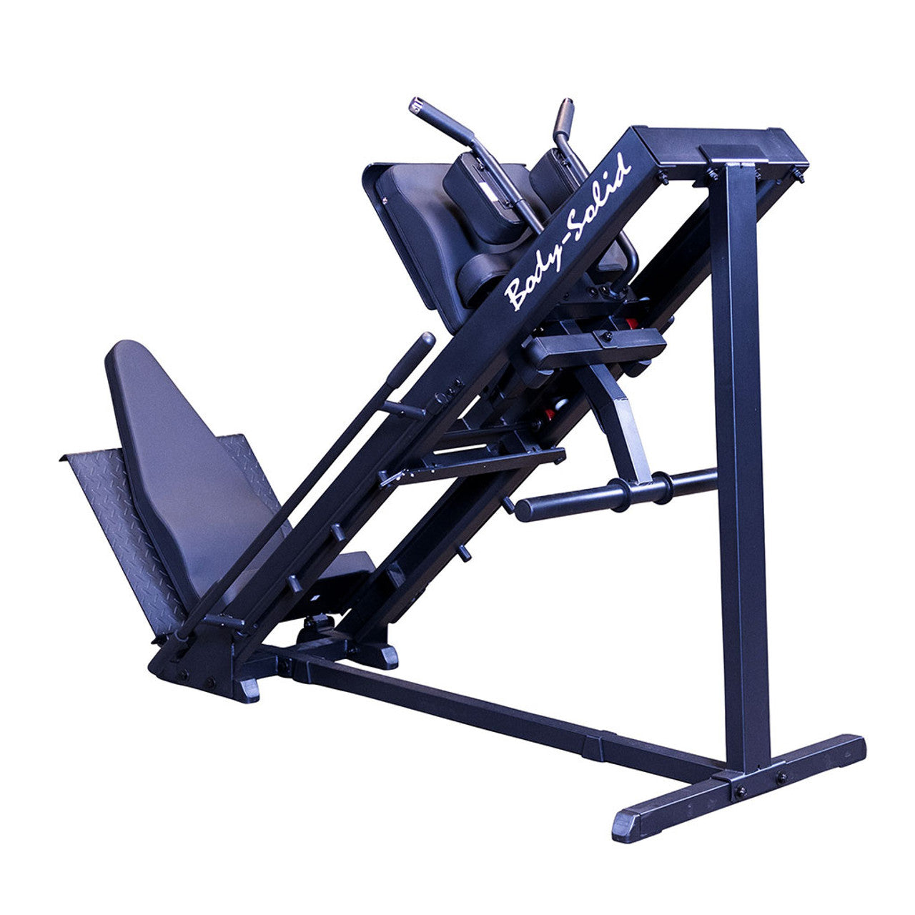 Full view of Body‑Solid GLPH1100B leg press mode with sled and footplate
