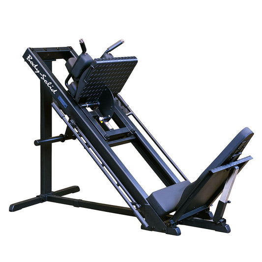 Full view of Body‑Solid GLPH1100B leg press mode with sled and footplate
