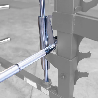Close-up of linear ball-bearing Smith rail with lock‑out positions on the Body-Solid GS348BP4 Series 7 Smith Machine