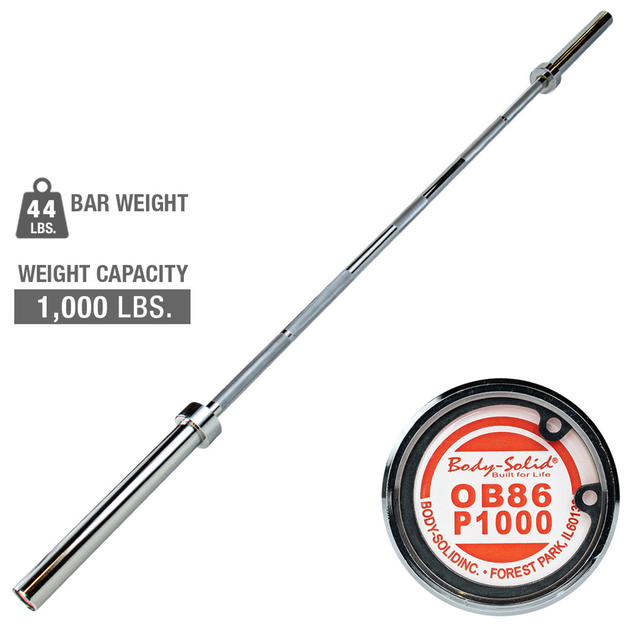 Body‑Solid OB86P1000 premium chrome Olympic power bar full view