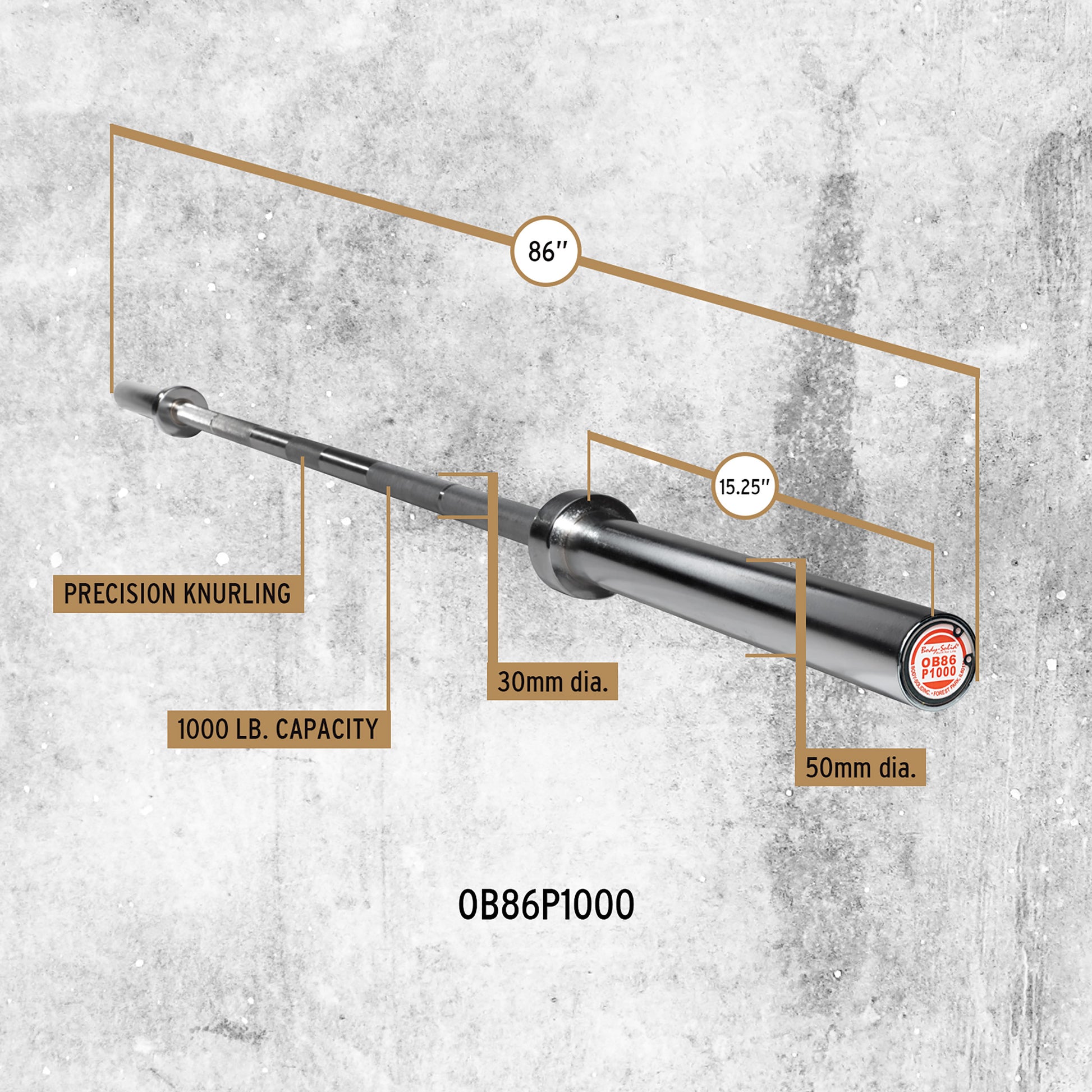 Dimensions and specifications of the Body‑Solid OB86P1000 premium chrome Olympic power bar