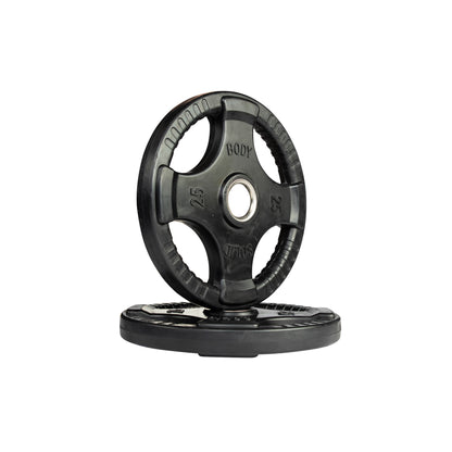 25 lb pair Body‑Solid ORT rubber grip Olympic plate side view