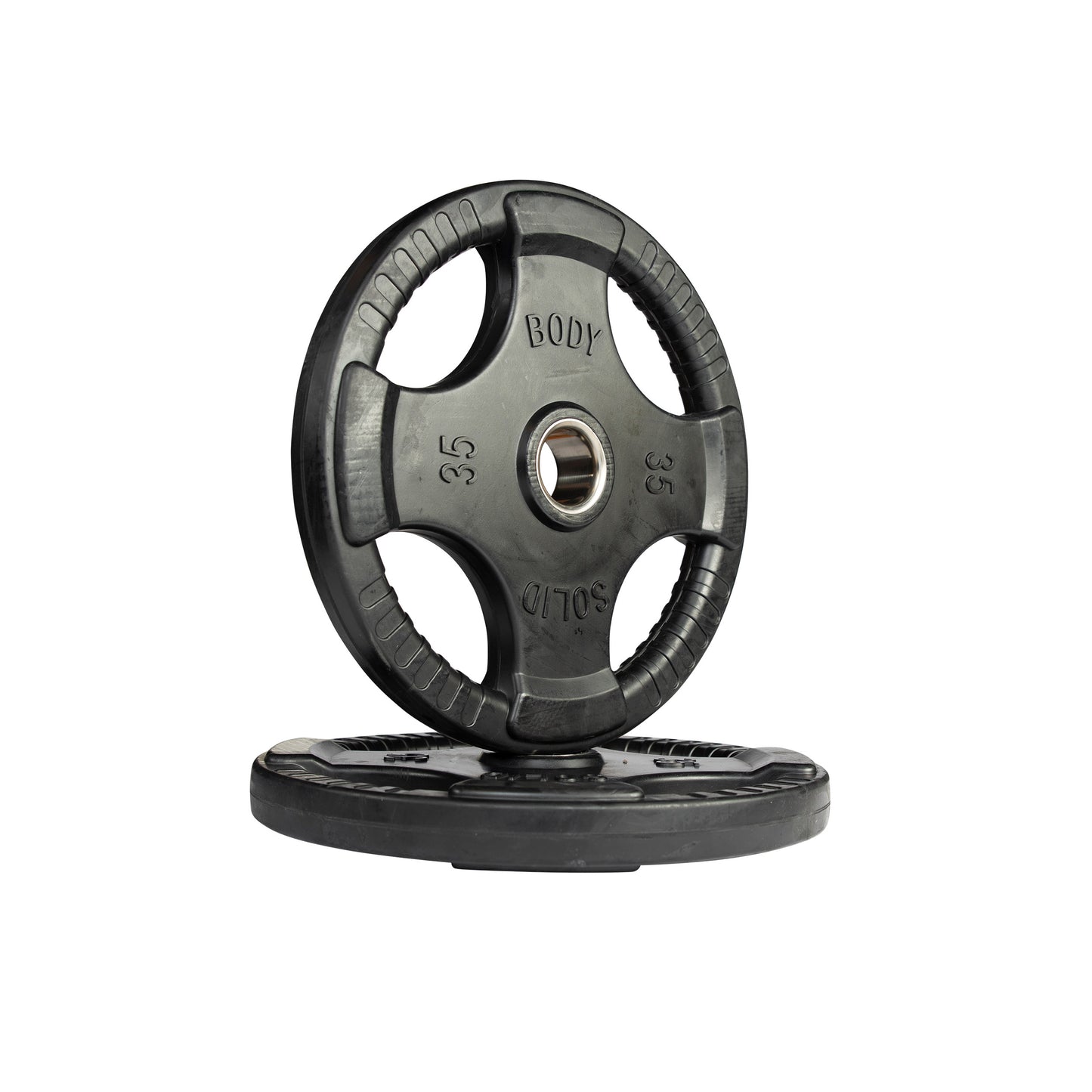 35 lb pair Body‑Solid ORT rubber grip Olympic plate side view