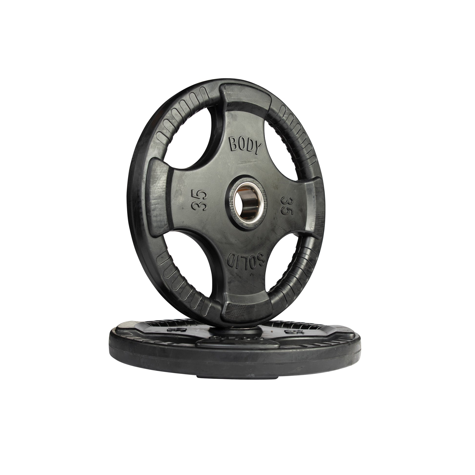 35 lb pair Body‑Solid ORT rubber grip Olympic plate side view