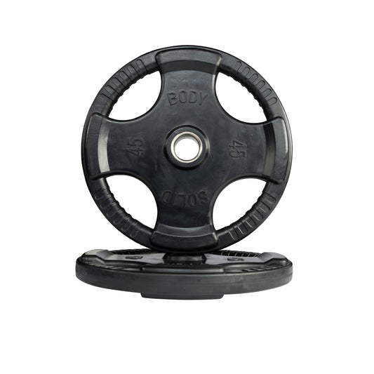45 lb pair Body‑Solid ORT rubber grip Olympic plate front view