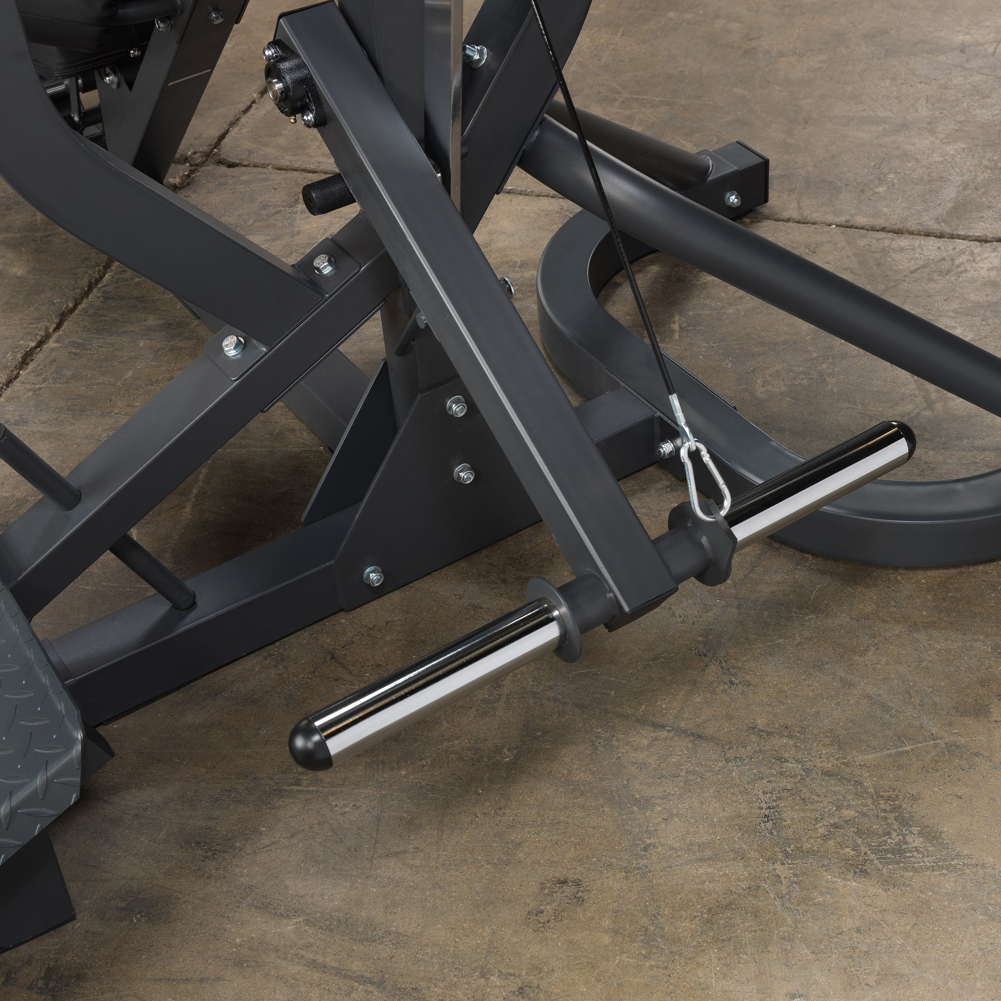 Safety locking pins on Body-Solid SBL460P4 leverage gym for secure adjustments