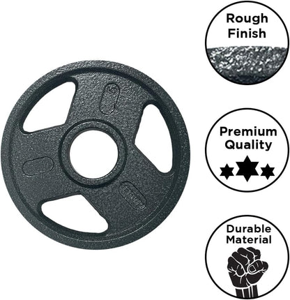 Details of the cast iron finish on 2-inch Olympic weight plates for gym-quality training.