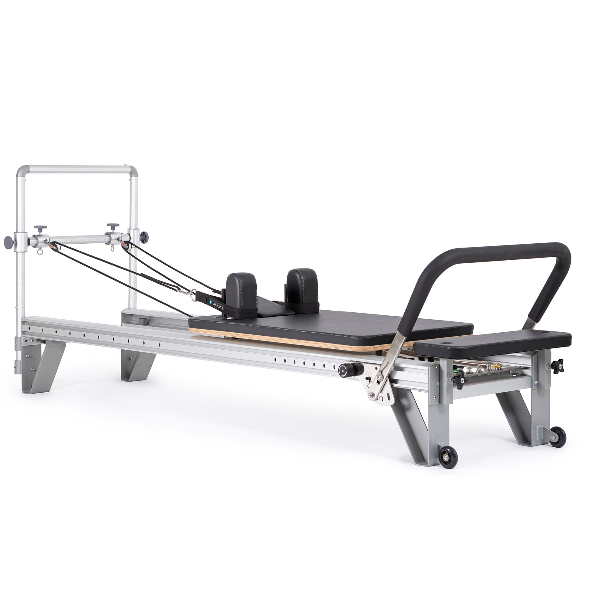 Full view of the Elina Pilates Aluminum Reformer Mentor in black upholstery with accessories attached
