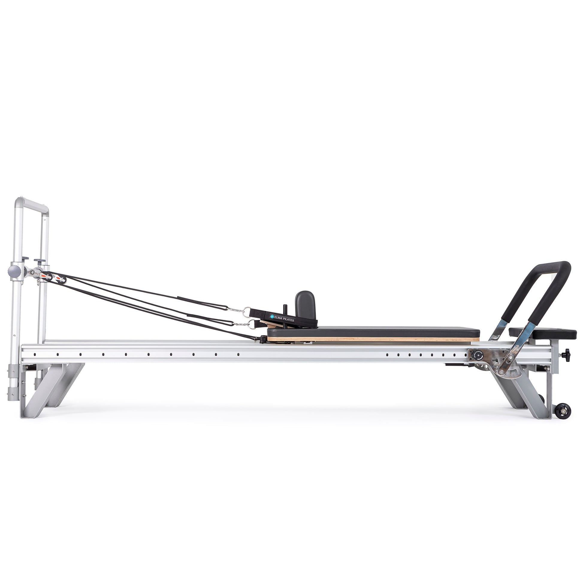 Side view of the Elina Pilates Aluminum Reformer Mentor in black upholstery with accessories attached