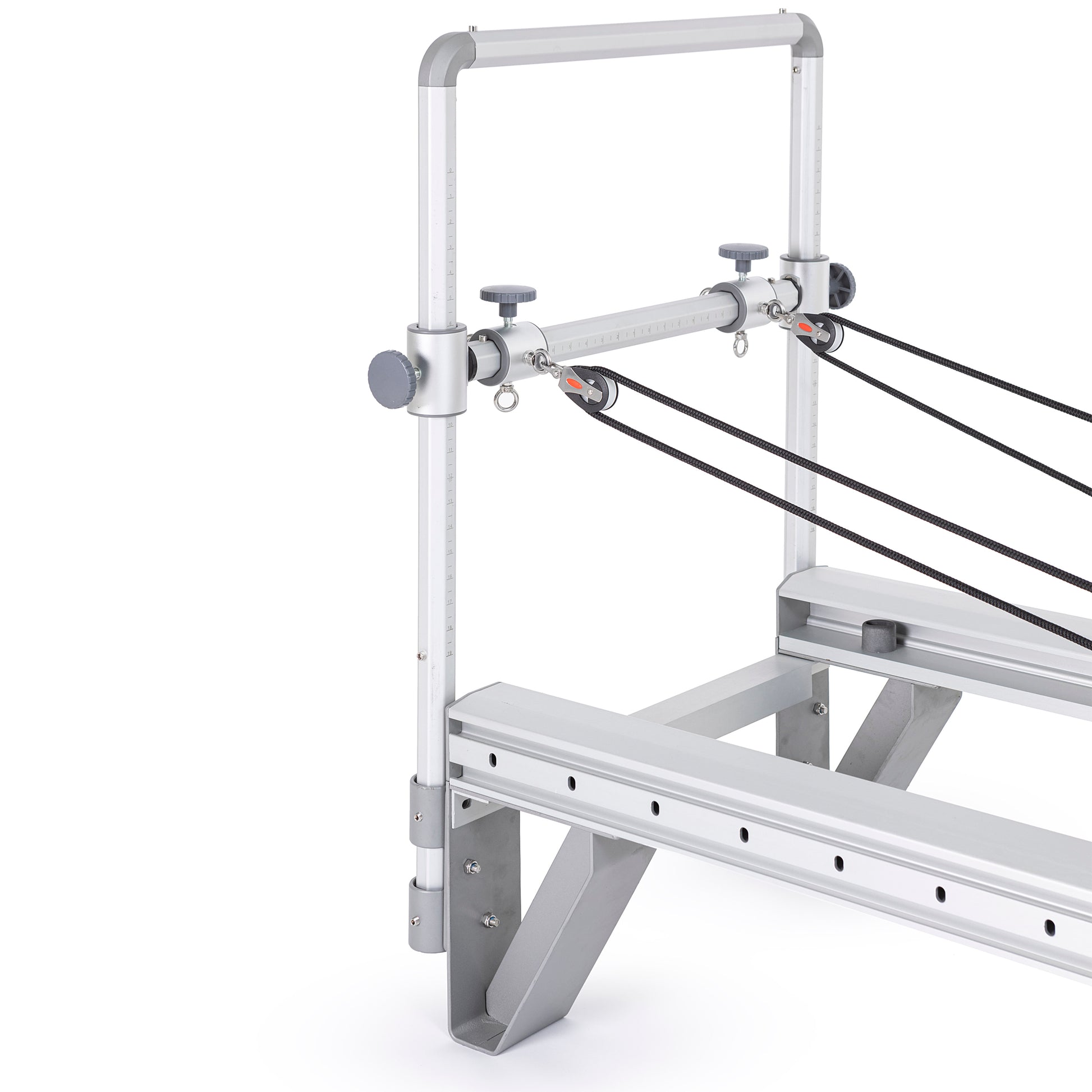 Detail of the silent carriage glide system with polyurethane wheels on the Mentor Reformer