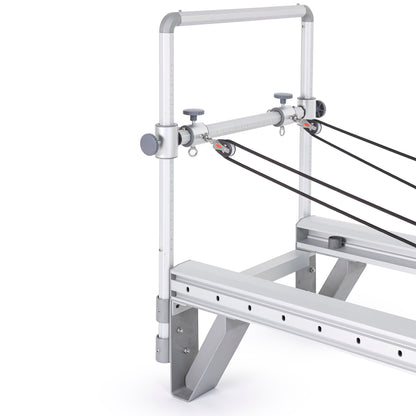 Detail of the silent carriage glide system with polyurethane wheels on the Mentor Reformer