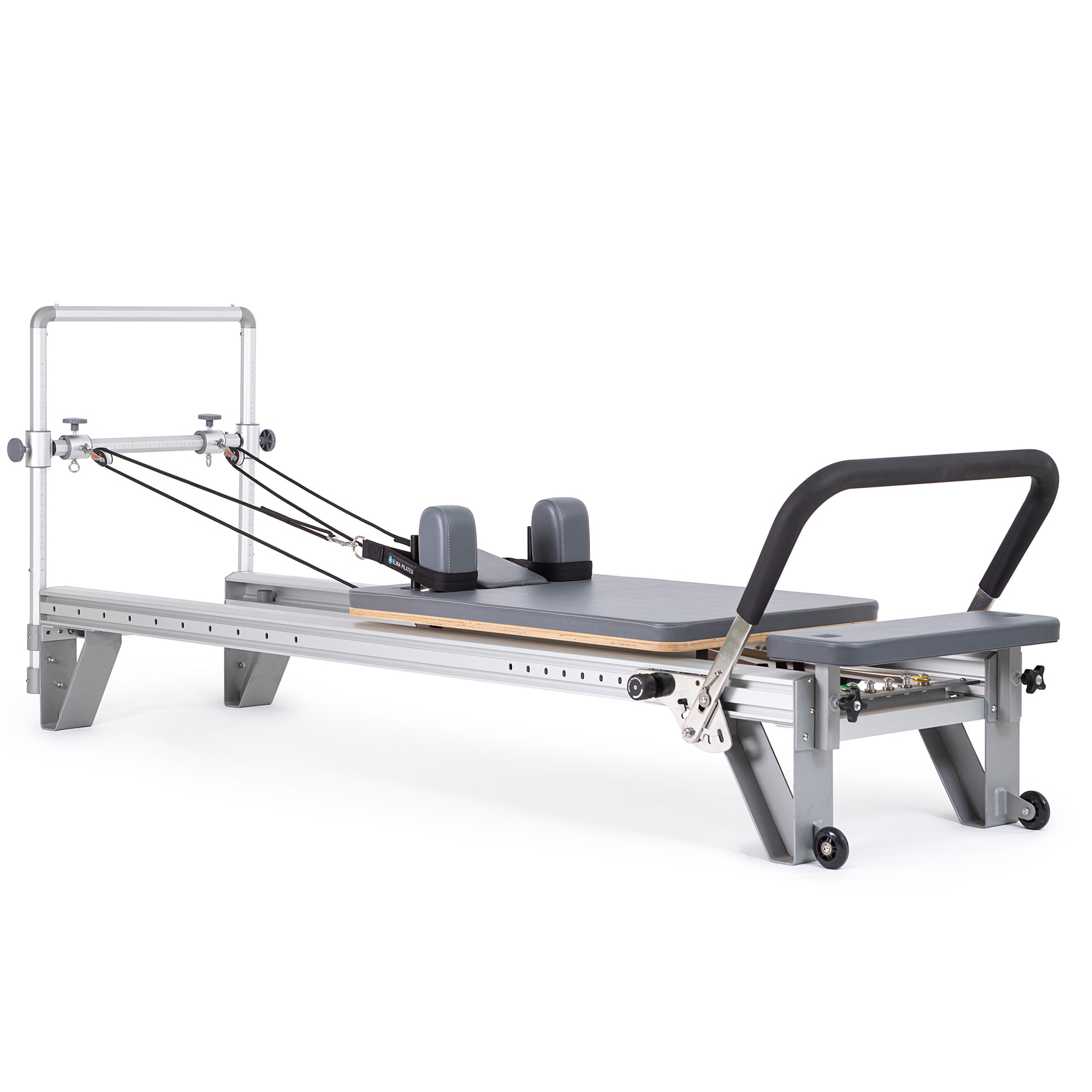 Full view of the Elina Pilates Aluminum Reformer Mentor in grey upholstery with accessories attached