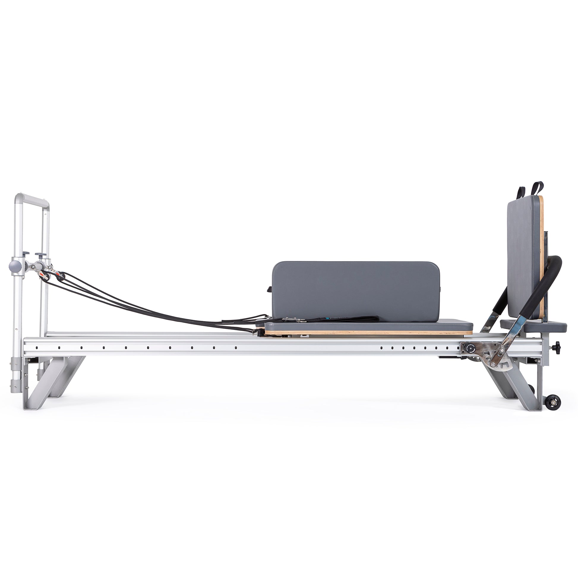 Extra-wide padded box accessory on the Elina Pilates Mentor Reformer designed for core and flexibility training