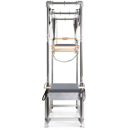 Elina Pilates Classic Aluminum Cadillac trapeze in grey leather upholstery, front view with trapeze tower.